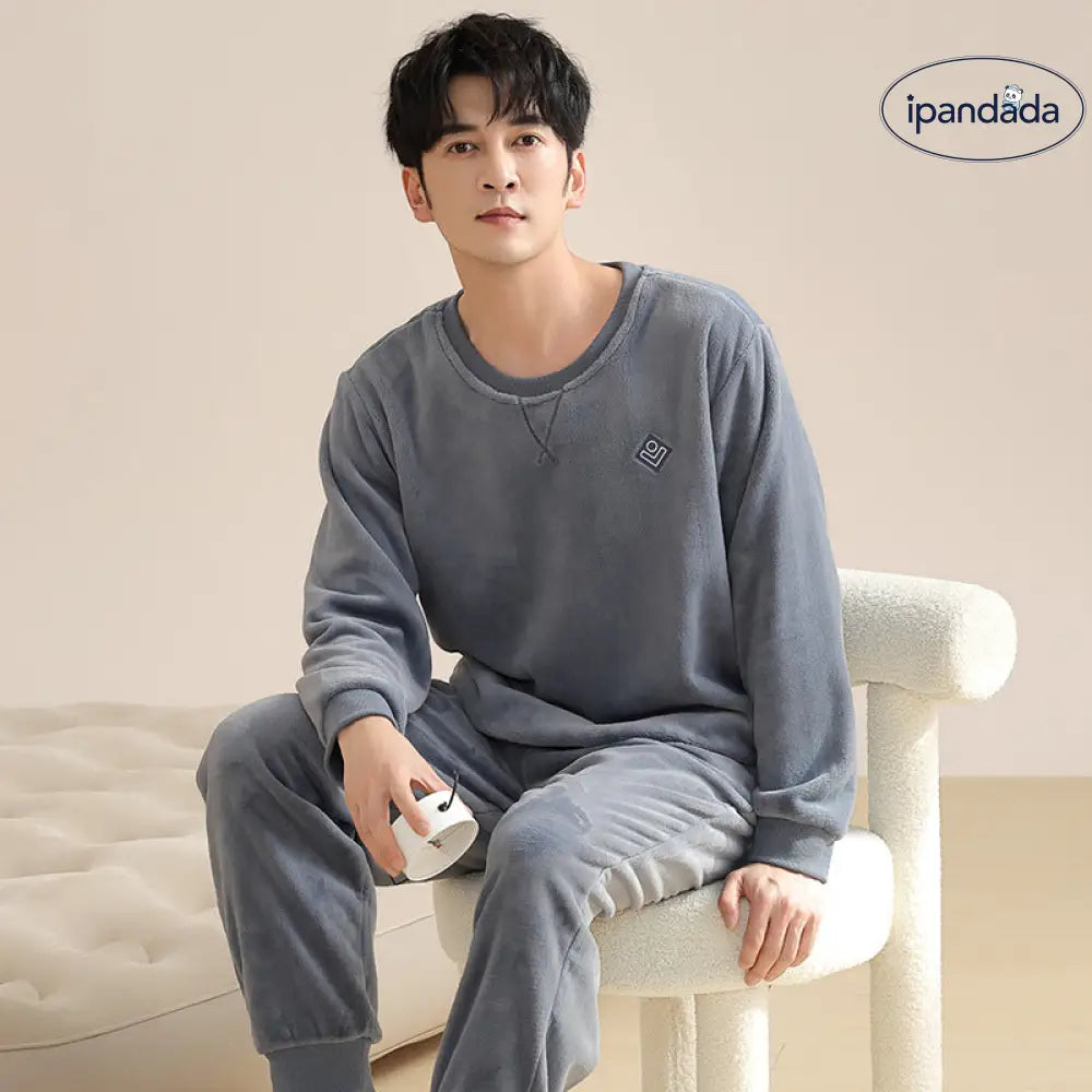 メンズ パジャマ 冬 コーラルフリース 厚手 フランネル 秋冬 セットアップ クルーネック ルームウェア ID3195