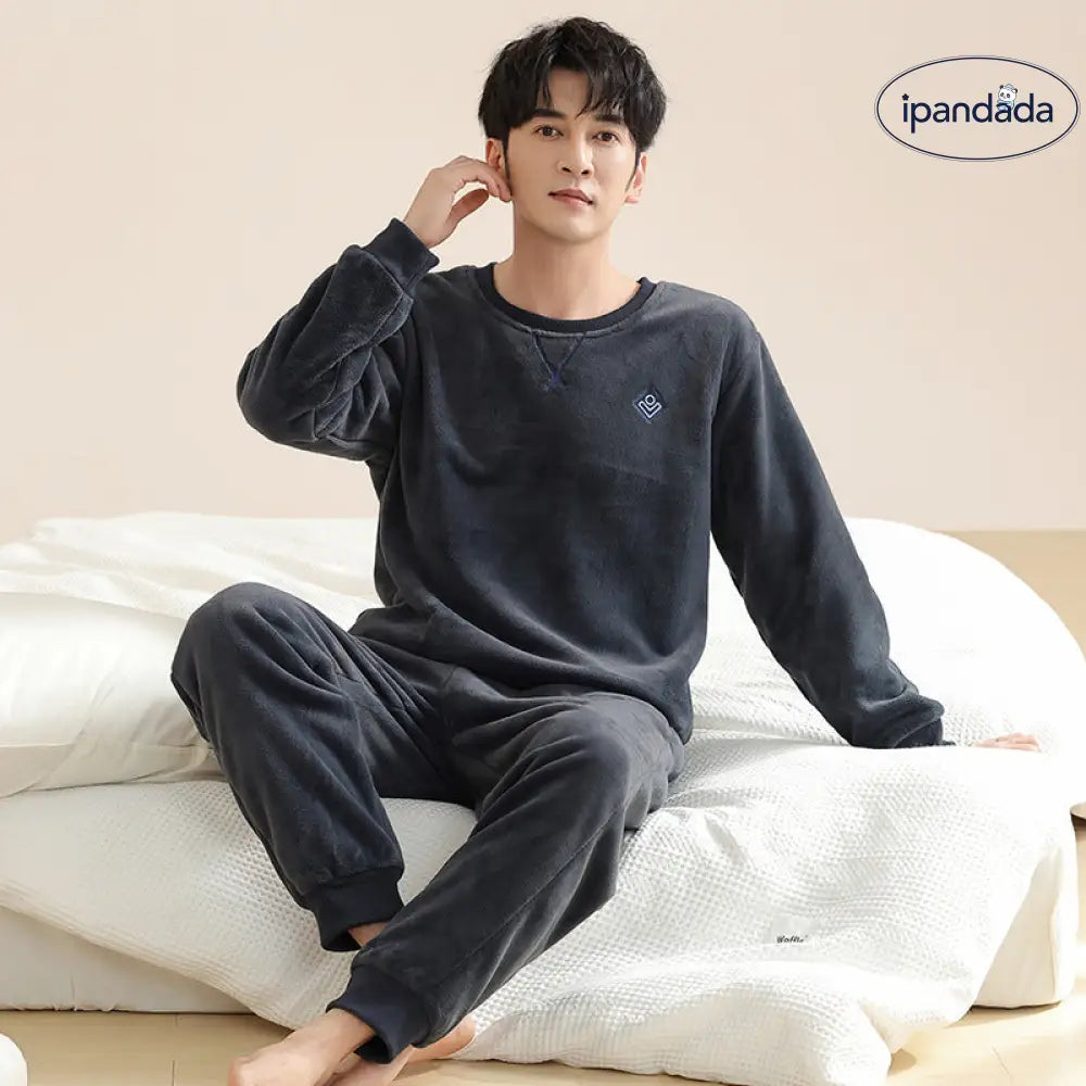 メンズ パジャマ 冬 コーラルフリース 厚手 フランネル 秋冬 セットアップ クルーネック ルームウェア ID3195