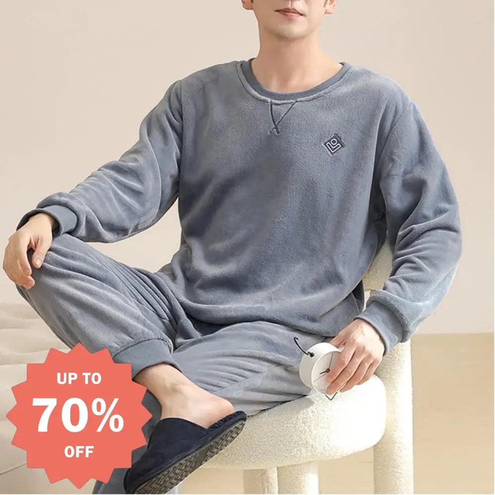 メンズ パジャマ 冬 コーラルフリース 厚手 フランネル 秋冬 セットアップ クルーネック ルームウェア ID3195