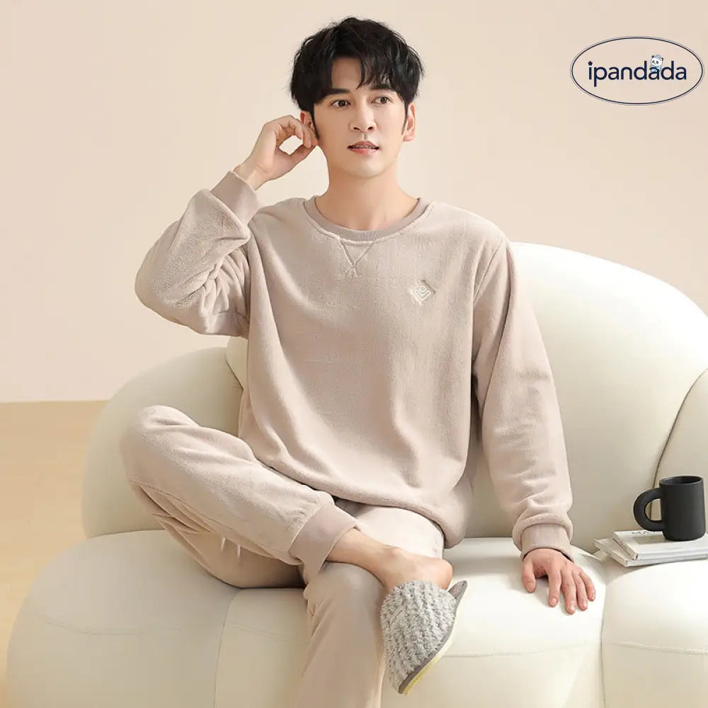 メンズ パジャマ 冬 コーラルフリース 厚手 フランネル 秋冬 セットアップ クルーネック ルームウェア ID3195