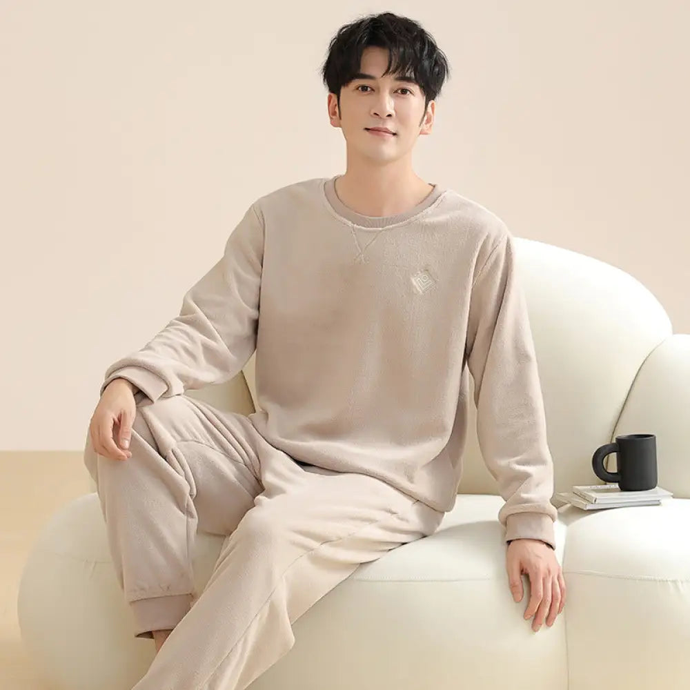 メンズ パジャマ 冬 コーラルフリース 厚手 フランネル 秋冬 セットアップ クルーネック ルームウェア ID3195 ベージュ / L