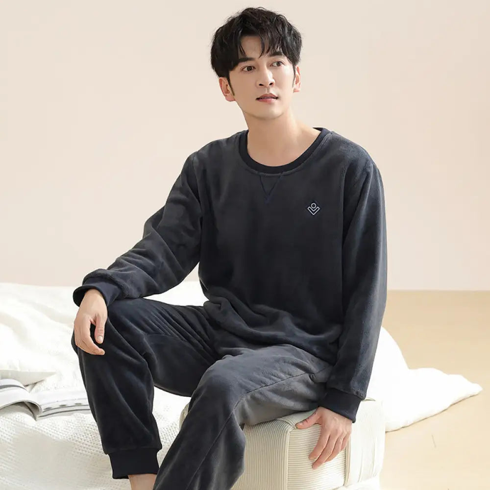 メンズ パジャマ 冬 コーラルフリース 厚手 フランネル 秋冬 セットアップ クルーネック ルームウェア ID3195 ブラック / L