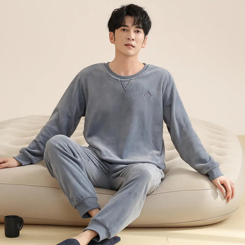 メンズ パジャマ 冬 コーラルフリース 厚手 フランネル 秋冬 セットアップ クルーネック ルームウェア ID3195 グレー / L