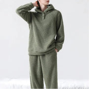 メンズ パジャマ フリース フード付き プルオーバー ルームウェア 男性用 裏起毛 加厚 サンゴフリース セット 秋冬 ID2759