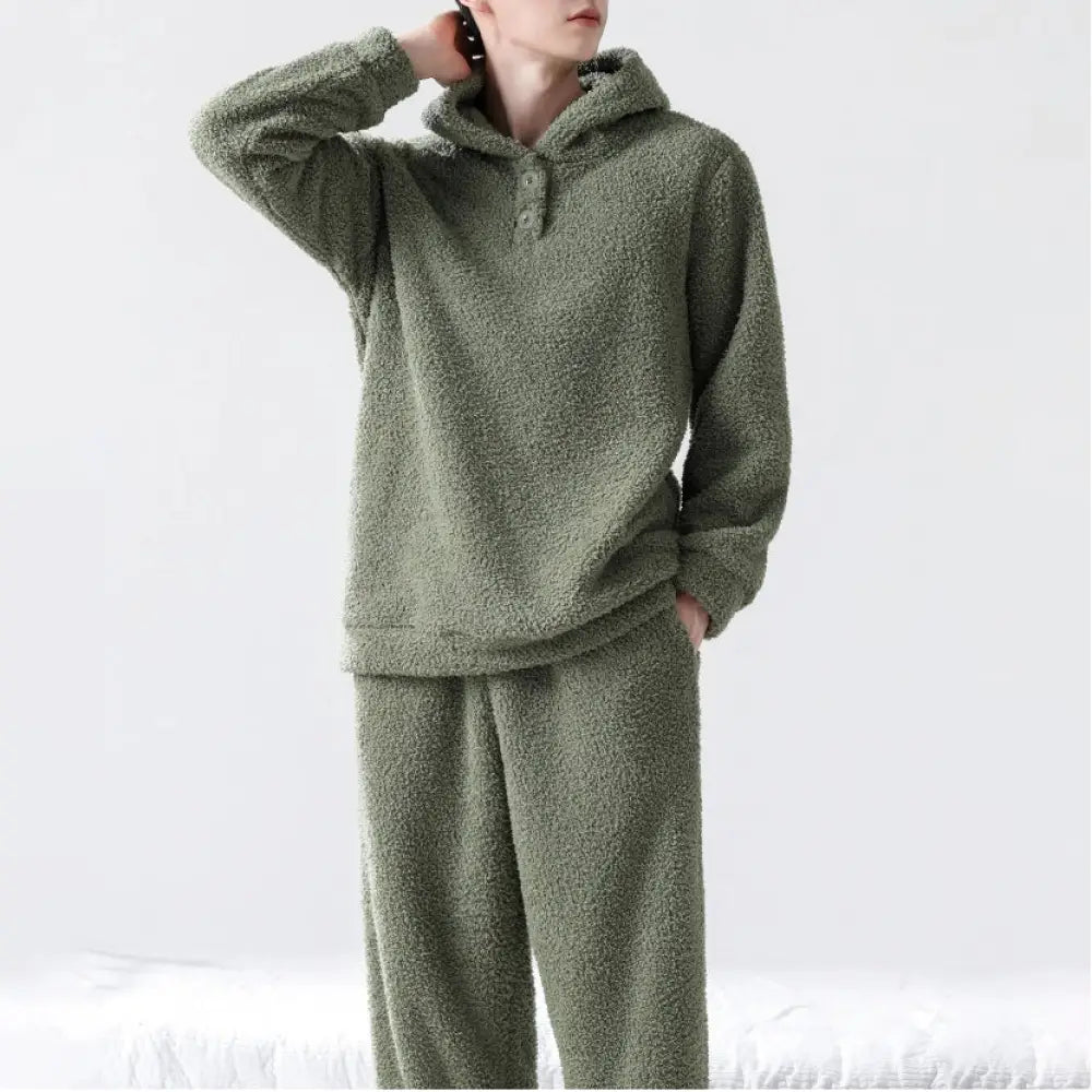 メンズ パジャマ フリース フード付き プルオーバー ルームウェア 男性用 裏起毛 加厚 サンゴフリース セット 秋冬 ID2759