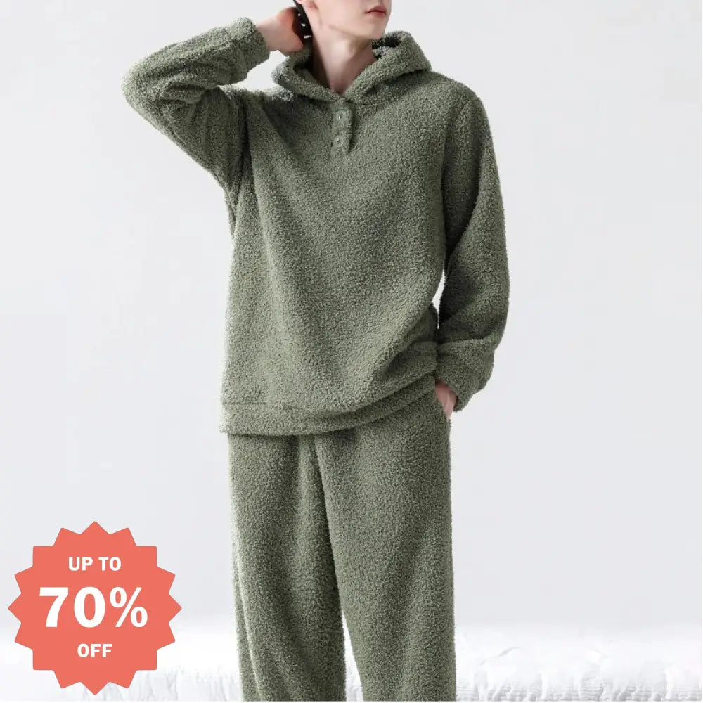 メンズ パジャマ フリース フード付き プルオーバー ルームウェア 男性用 裏起毛 加厚 サンゴフリース セット 秋冬 ID2759