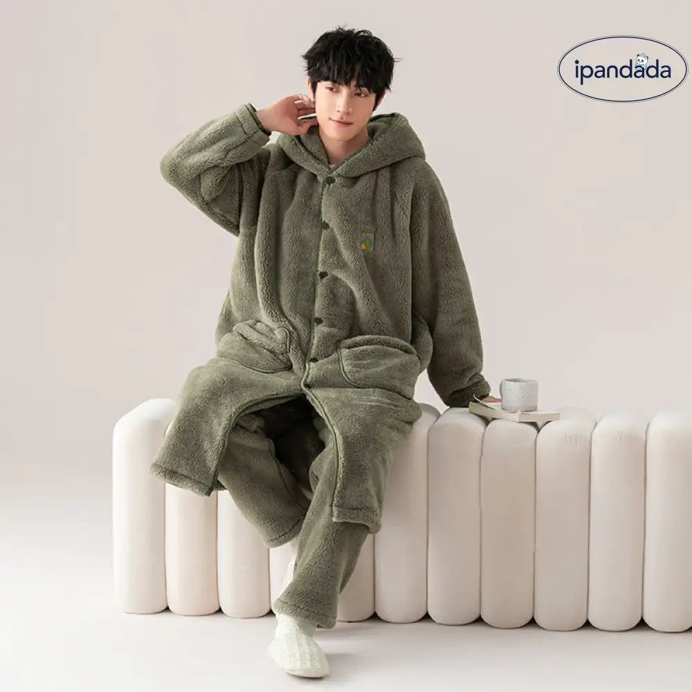 メンズ パジャマ 秋冬 加厚 フリース コーラルフリース ガウン セット 冬用 フランネル バスローブ シンプル ルームウェア ID2997