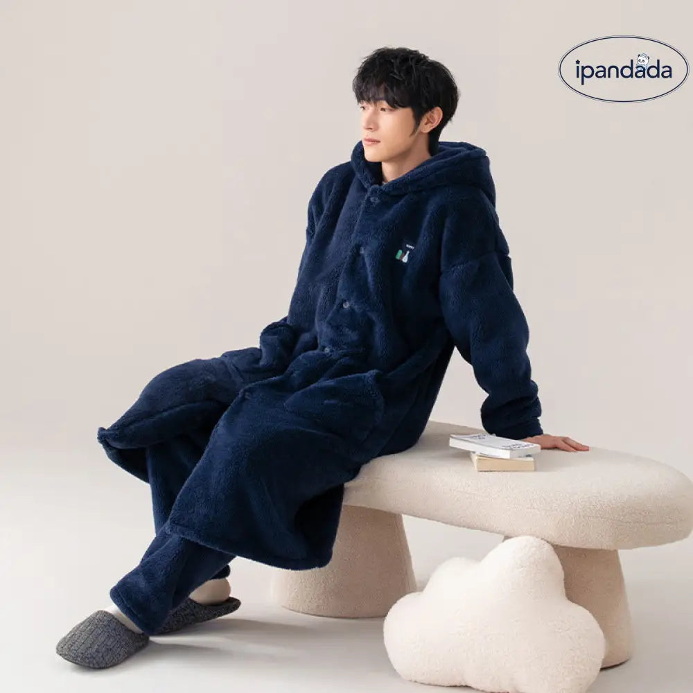 メンズ パジャマ 秋冬 加厚 フリース コーラルフリース ガウン セット 冬用 フランネル バスローブ シンプル ルームウェア ID2997