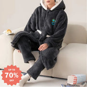 メンズ パジャマ 秋冬 加厚 フリース コーラルフリース ガウン セット 冬用 フランネル バスローブ シンプル ルームウェア ID2997