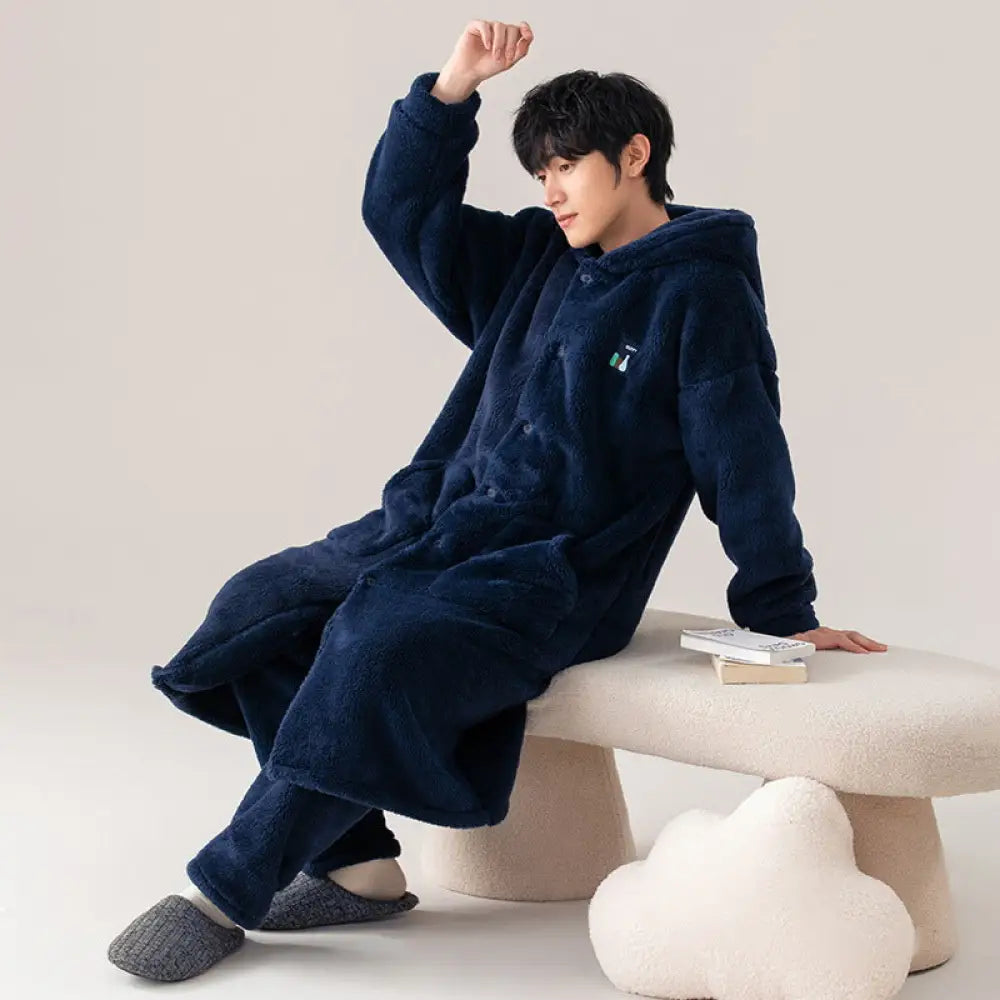 メンズ パジャマ 秋冬 加厚 フリース コーラルフリース ガウン セット 冬用 フランネル バスローブ シンプル ルームウェア ID2997 タイプ③ / L