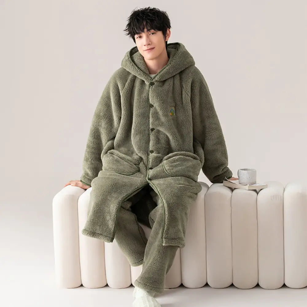 メンズ パジャマ 秋冬 加厚 フリース コーラルフリース ガウン セット 冬用 フランネル バスローブ シンプル ルームウェア ID2997 タイプ④ / L