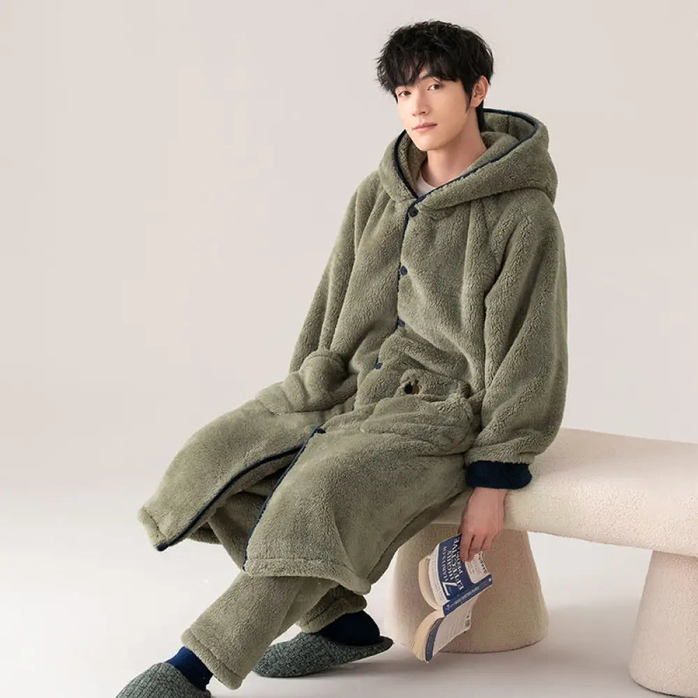 メンズ パジャマ 秋冬 加厚 フリース コーラルフリース ガウン セット 冬用 フランネル バスローブ シンプル ルームウェア ID2997 タイプ② / L