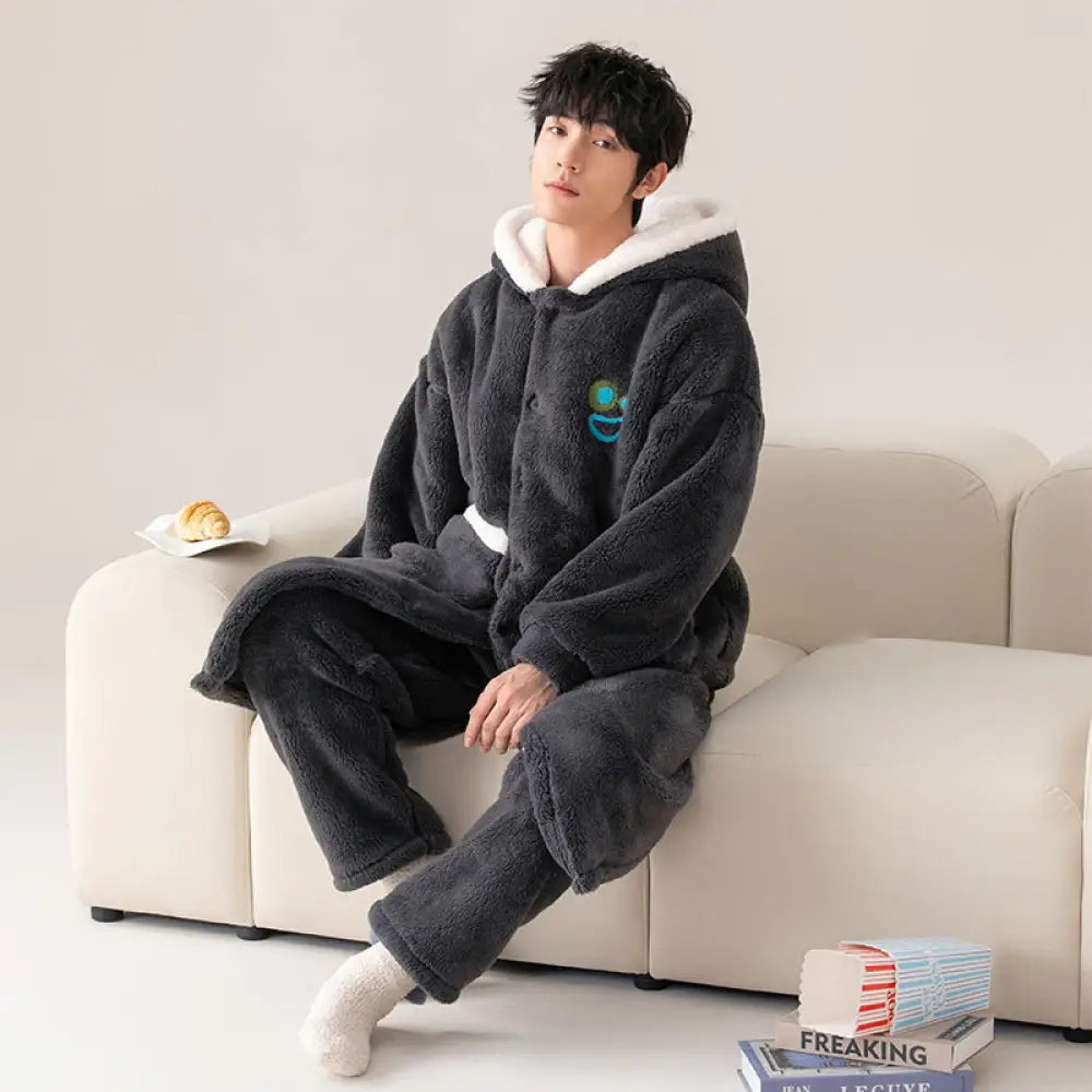 メンズ パジャマ 秋冬 加厚 フリース コーラルフリース ガウン セット 冬用 フランネル バスローブ シンプル ルームウェア ID2997 タイプ① / L