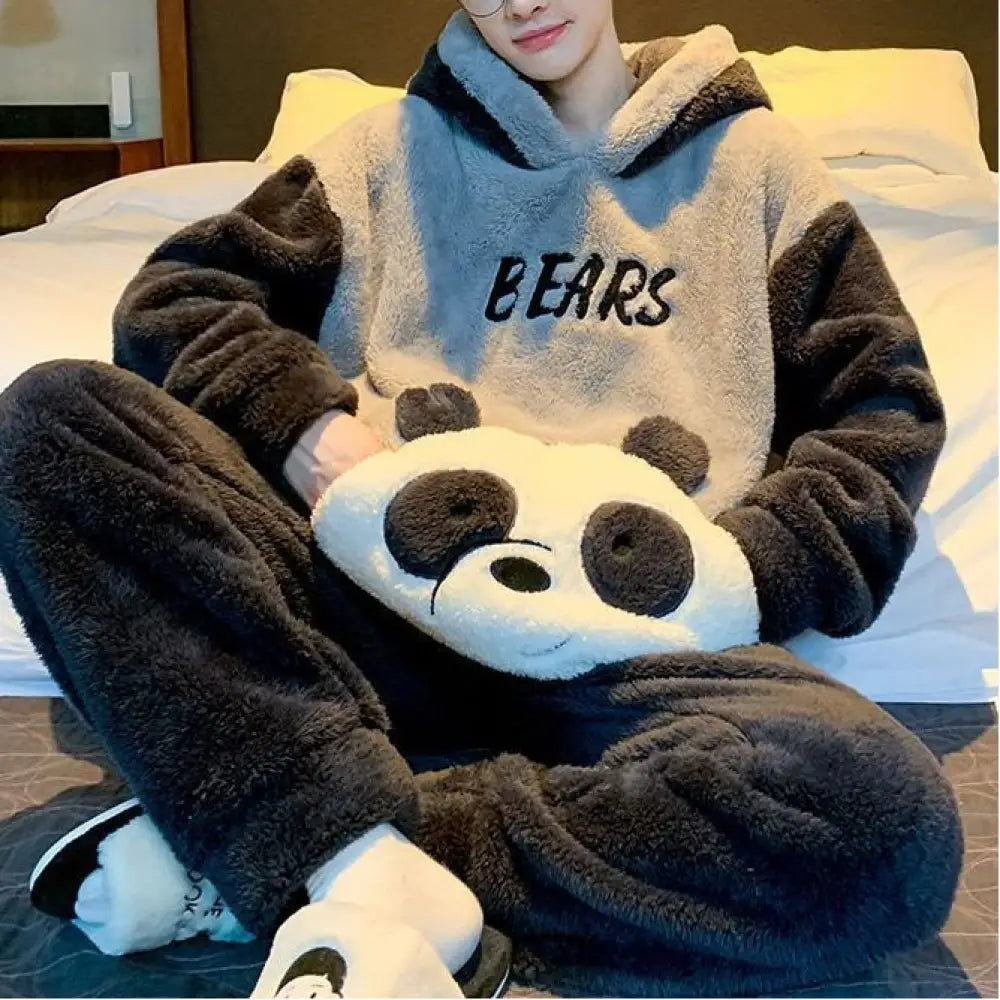 メンズ パジャマ 秋冬 コーラルフリース 厚手 フリース カートゥーン インスタ風 フード付き ルームウェア ID3277