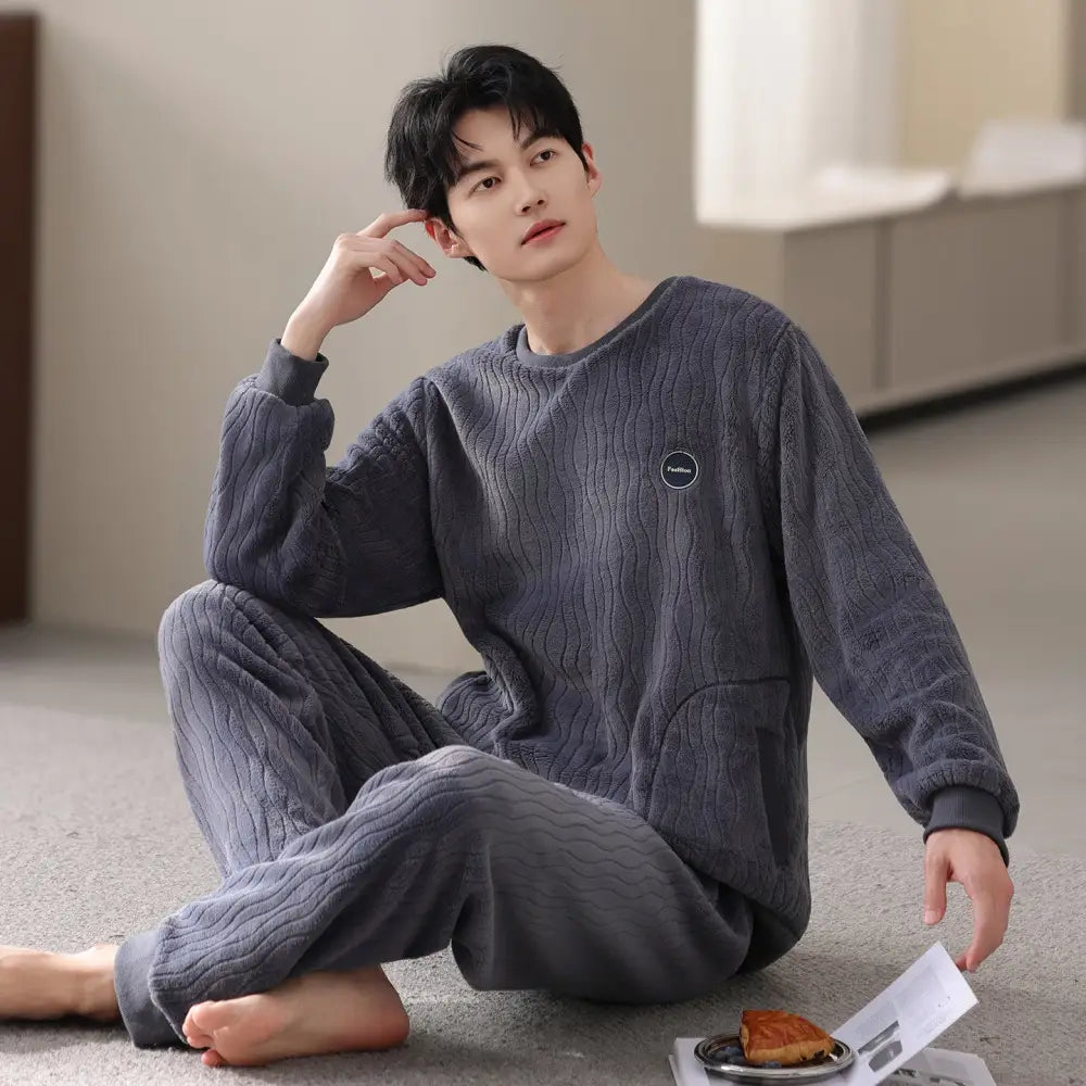 メンズ パジャマ 秋冬 コーラルフリース 加厚 フリース 保温 新作 カジュアル シンプル ルームウェア セット ID2996 タイプ② / M