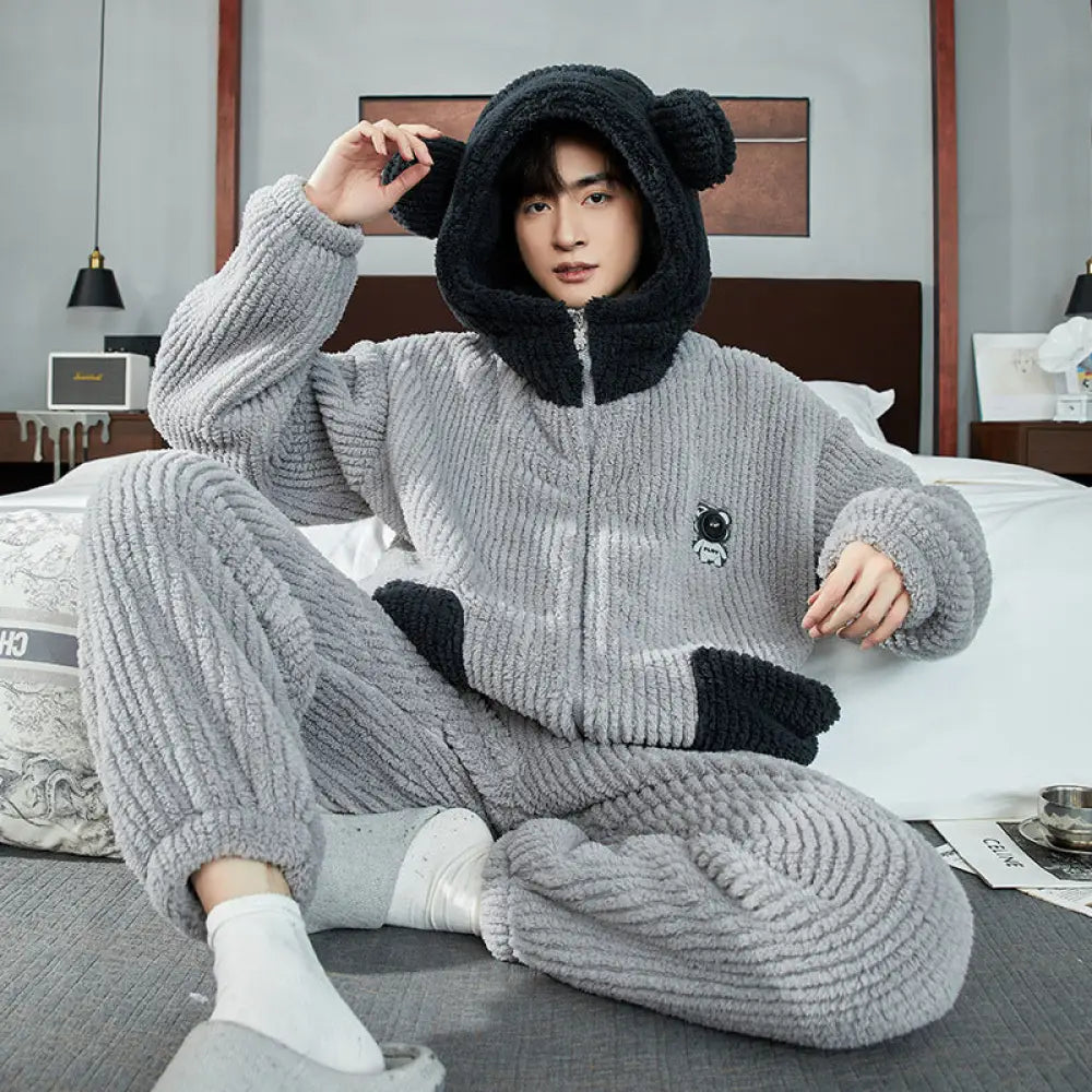 メンズ パジャマ 秋冬 コーラルフリース 加厚 フリース フランネル 青少年 男子 冬用 ルームウェア セット ID2993 グレー / L