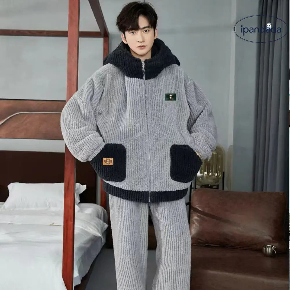メンズ パジャマ 秋冬 コーラルフリース 加厚 フリース フランネル 青少年 男子 冬用 ルームウェア セット ID2993