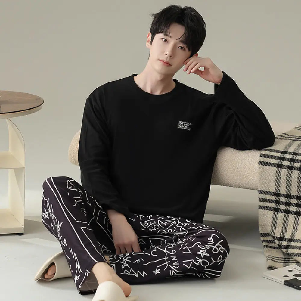メンズ パジャマ 秋冬 新作 厚手 ラウンドネック プルオーバー 長袖 セットアップ シンプル カジュアル 保温 ルームウェア デロンパジャマ ID3118 タイプ⑤ / L