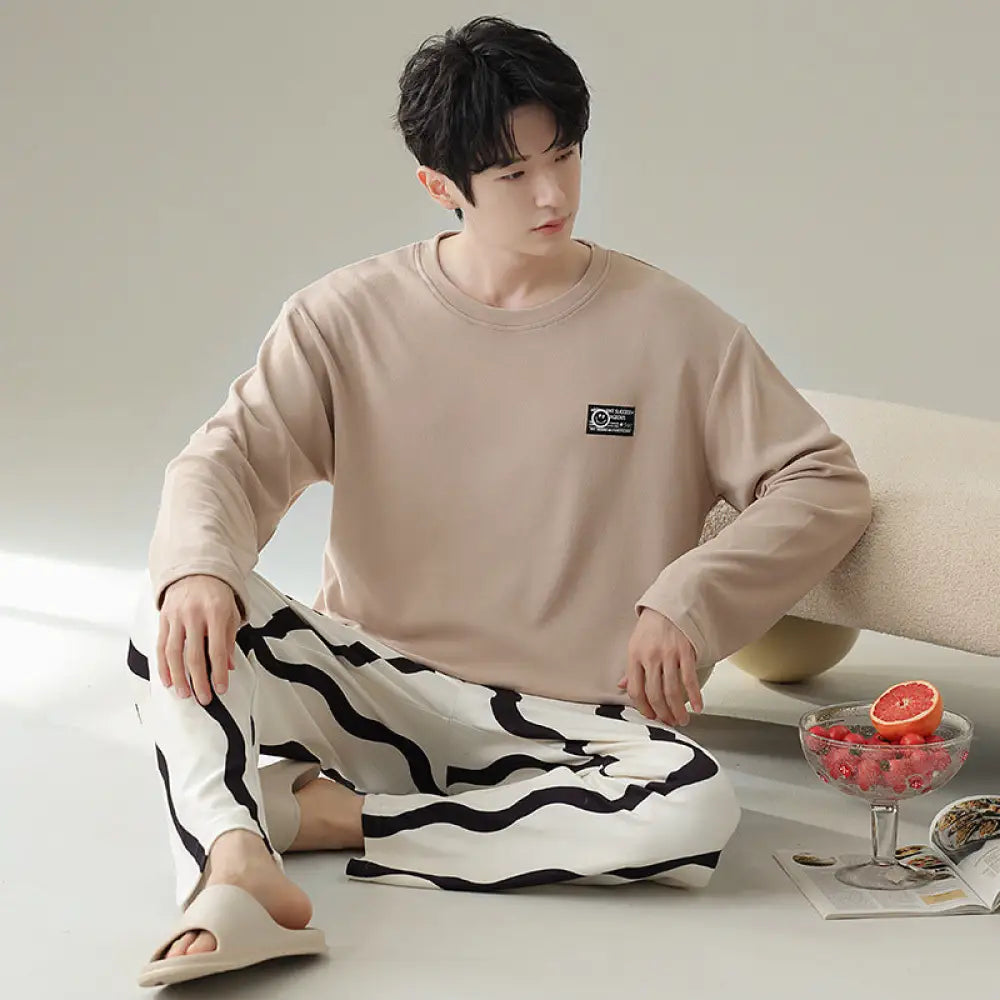 メンズ パジャマ 秋冬 新作 厚手 ラウンドネック プルオーバー 長袖 セットアップ シンプル カジュアル 保温 ルームウェア デロンパジャマ ID3118 タイプ① / L