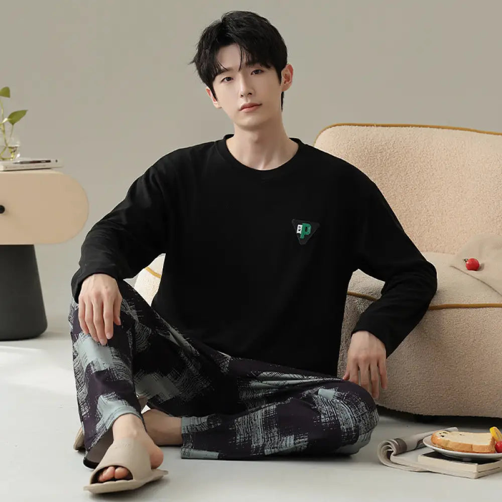 メンズ パジャマ 秋冬 新作 厚手 ラウンドネック プルオーバー 長袖 セットアップ シンプル カジュアル 保温 ルームウェア デロンパジャマ ID3118 タイプ⑦ / L