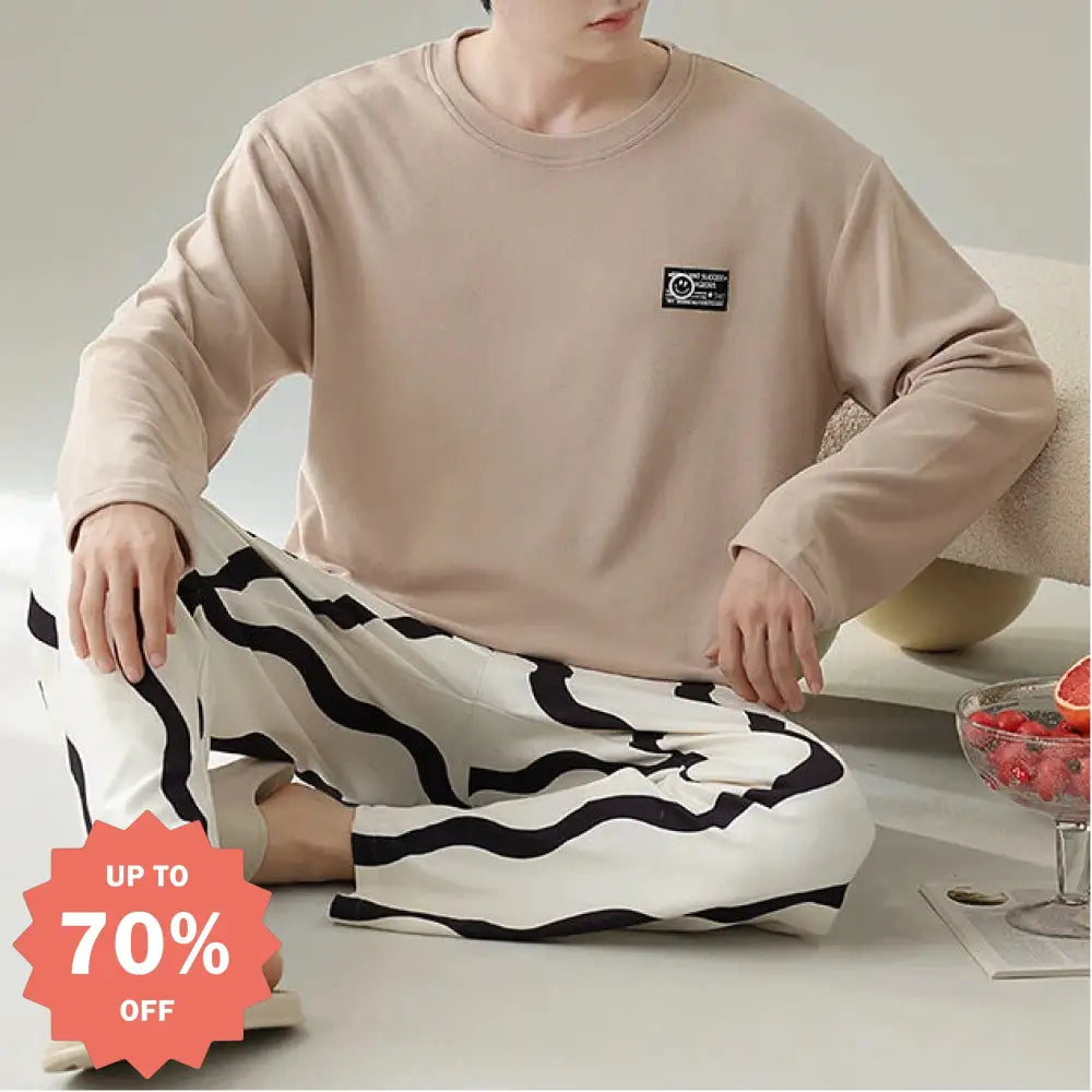 メンズ パジャマ 秋冬 新作 厚手 ラウンドネック プルオーバー 長袖 セットアップ シンプル カジュアル 保温 ルームウェア デロンパジャマ ID3118