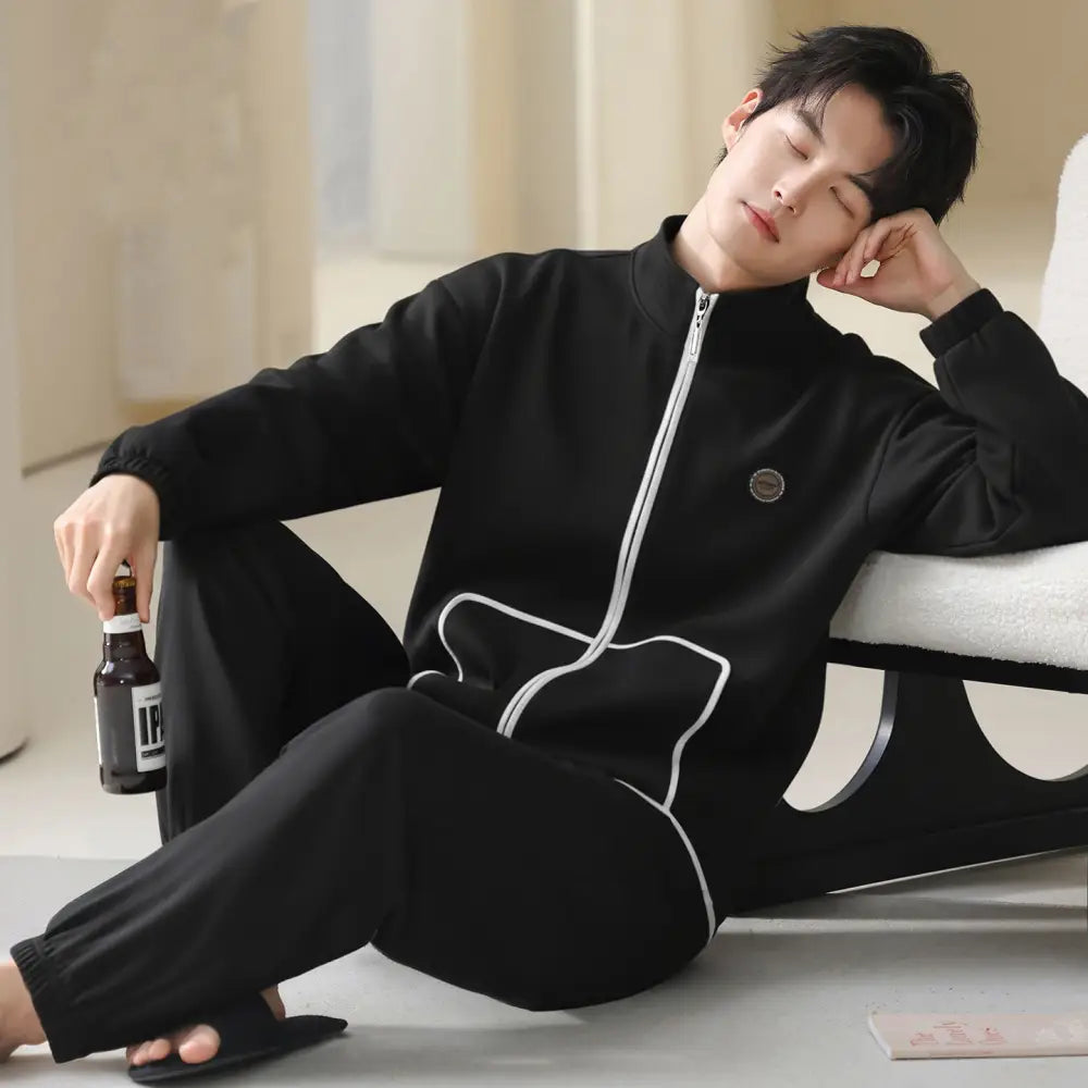 メンズ パジャマ 秋冬用 シンプル 保温 薄フリース ルームウェア セット 冬用 ID3020 ブラック / L