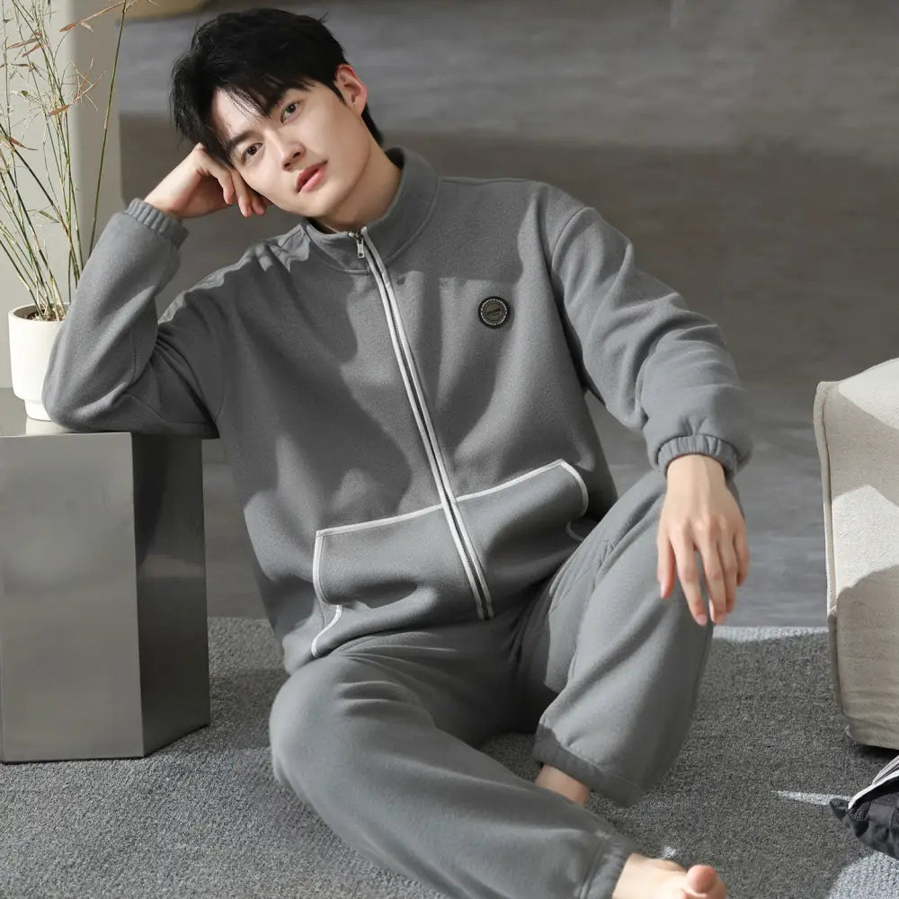 メンズ パジャマ 秋冬用 シンプル 保温 薄フリース ルームウェア セット 冬用 ID3020 グレー / L