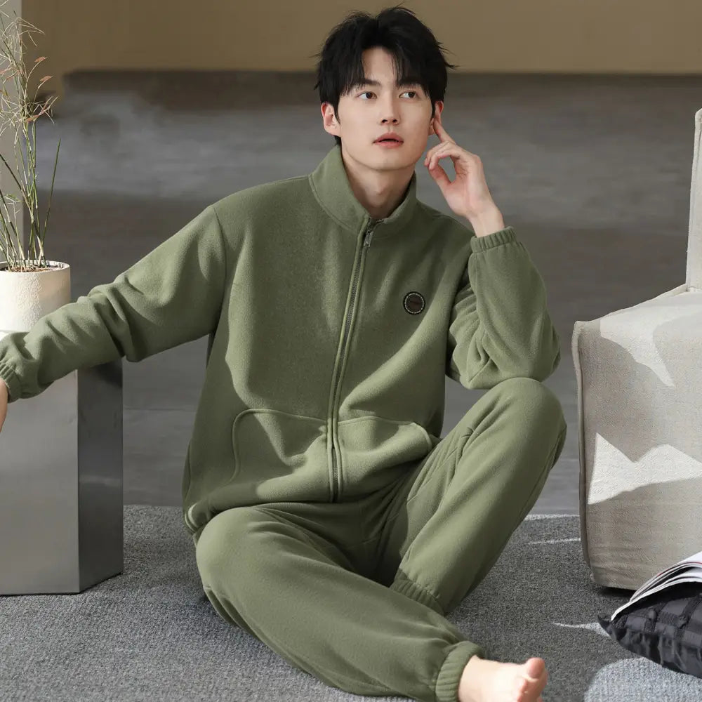メンズ パジャマ 秋冬用 シンプル 保温 薄フリース ルームウェア セット 冬用 ID3020 グリーン / L