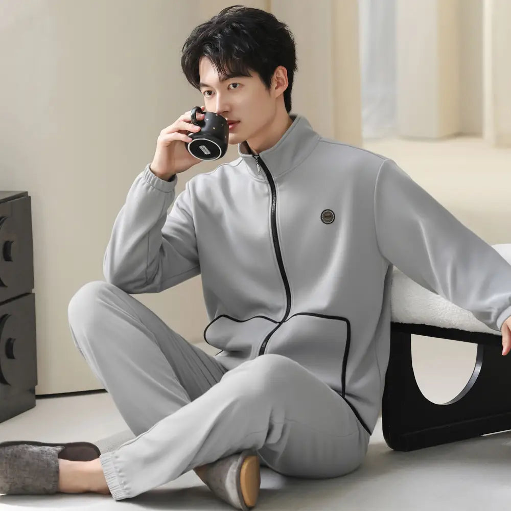 メンズ パジャマ 秋冬用 シンプル 保温 薄フリース ルームウェア セット 冬用 ID3020 ライトグレー / L