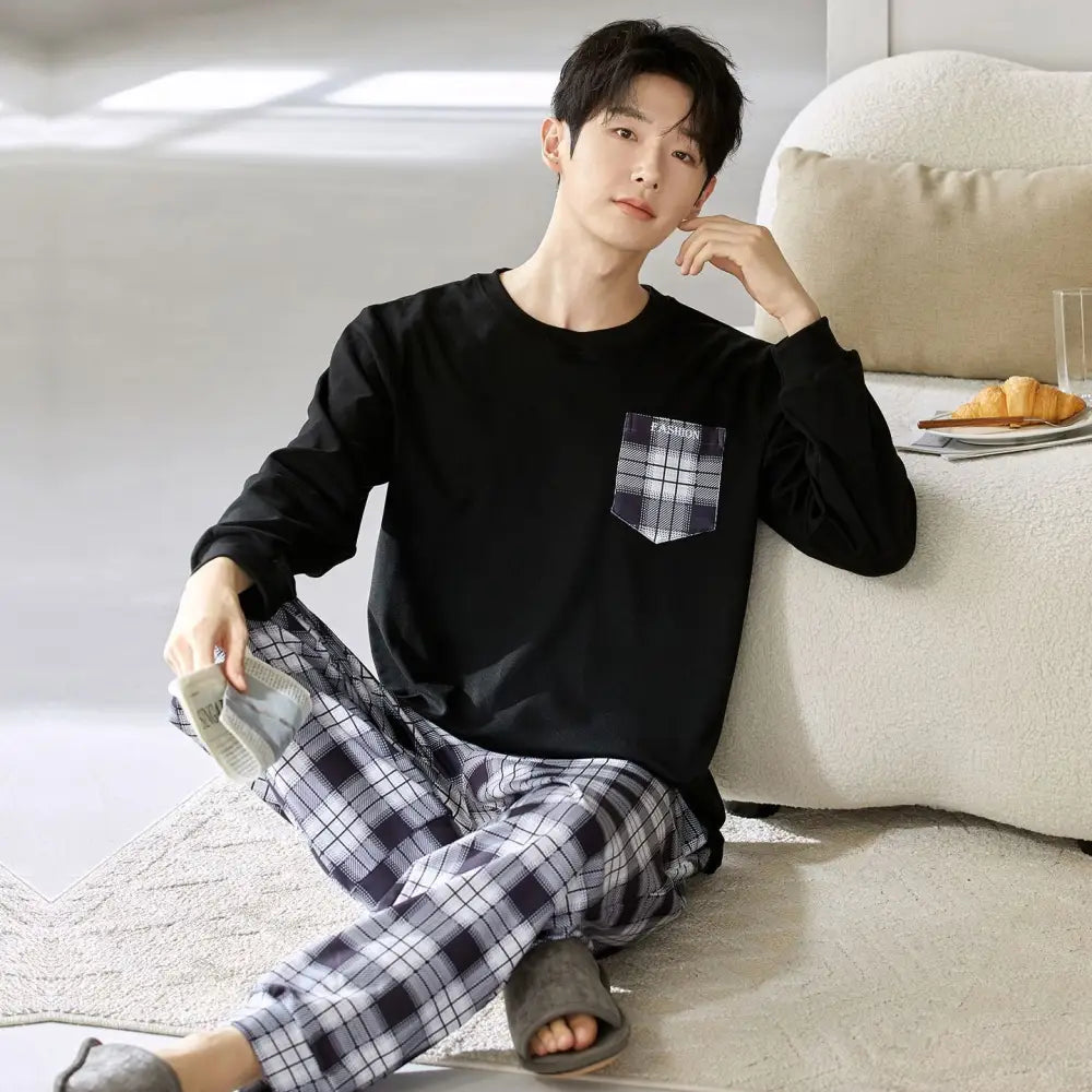 メンズ パジャマ セット 韓国風 クルーネック 長袖 長ズボン ゆったり ルームウェア 上下セット セットアップ 部屋着 2点セット ID4108 タイプ⑨ / M メンズ＞セットアップ
