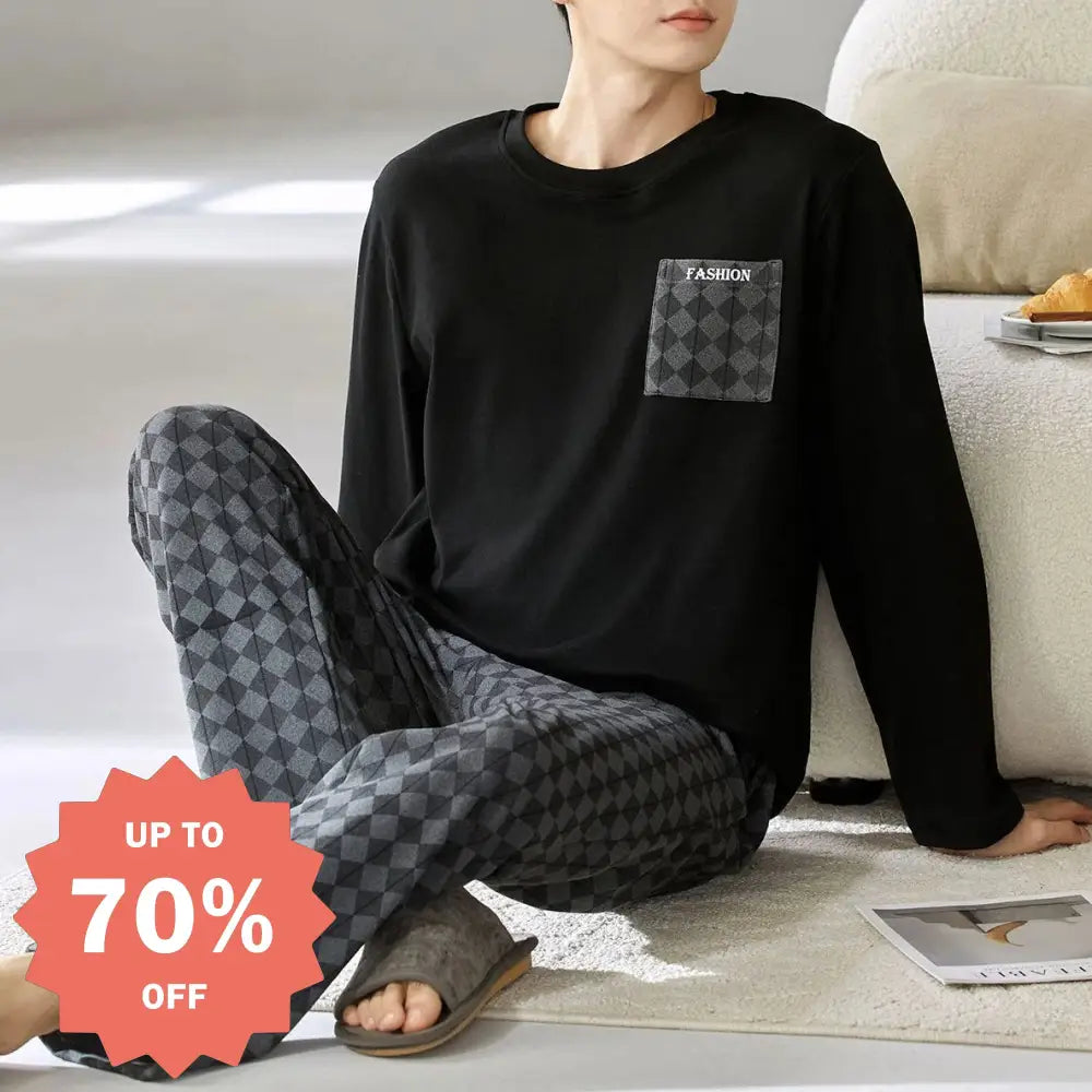 メンズ パジャマ セット 韓国風 クルーネック 長袖 長ズボン ゆったり ルームウェア 上下セット セットアップ 部屋着 2点セット ID4108 タイプ① / M メンズ＞セットアップ