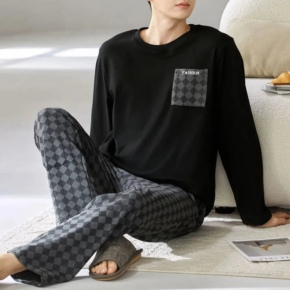 メンズ パジャマ セット 韓国風 クルーネック 長袖 長ズボン ゆったり ルームウェア 上下セット セットアップ 部屋着 2点セット ID4108 タイプ① / M メンズ＞セットアップ