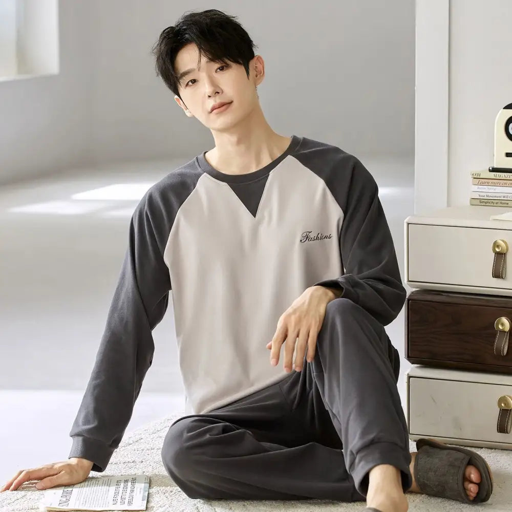 メンズ パジャマ セット 韓国風 クルーネック 長袖 長ズボン ゆったり ルームウェア 上下セット セットアップ 部屋着 2点セット ID4108 タイプ③ / M メンズ＞セットアップ