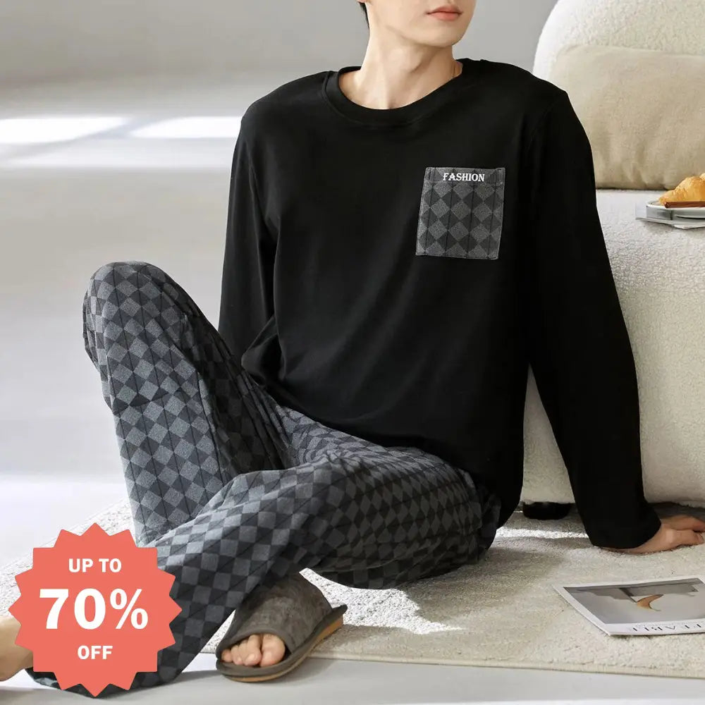 メンズ パジャマ セット 韓国風 クルーネック 長袖 長ズボン ゆったり ルームウェア 上下セット セットアップ 部屋着 2点セット ID4108 タイプ① / M メンズ＞セットアップ