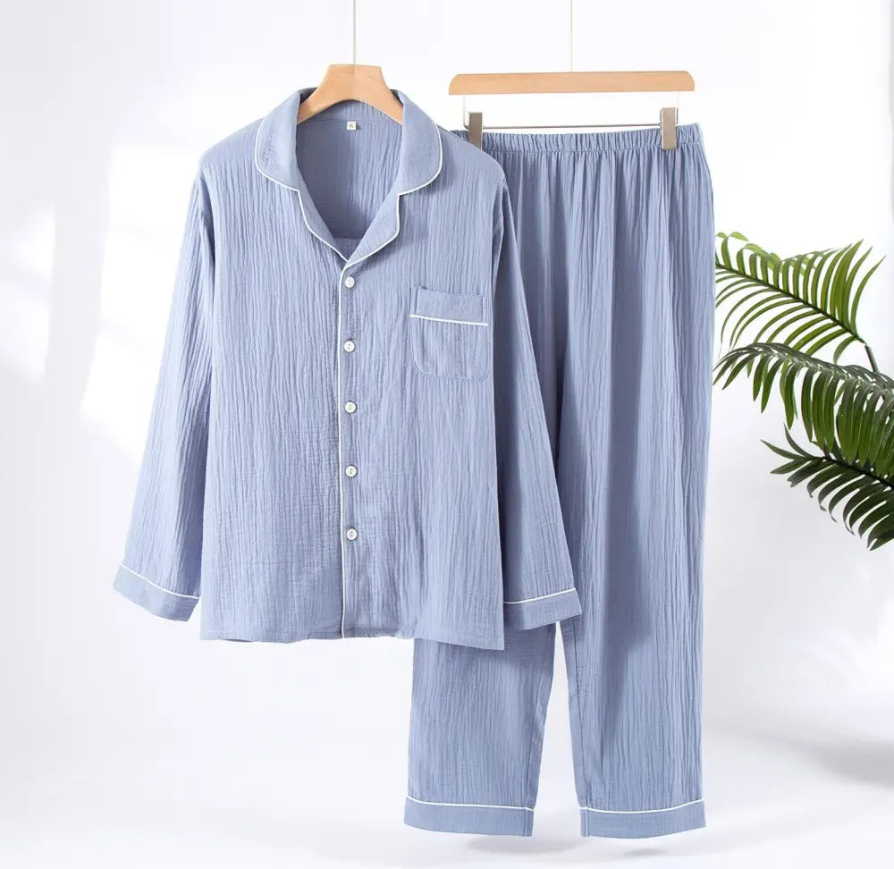 メンズ パジャマ セット 綿 ダブルガーゼ シフォンクレープ 春秋 長袖 ゆったり 大きいサイズ ルームウェア 男性用 肌触り最高 2点セット ID4071 ブルー / M