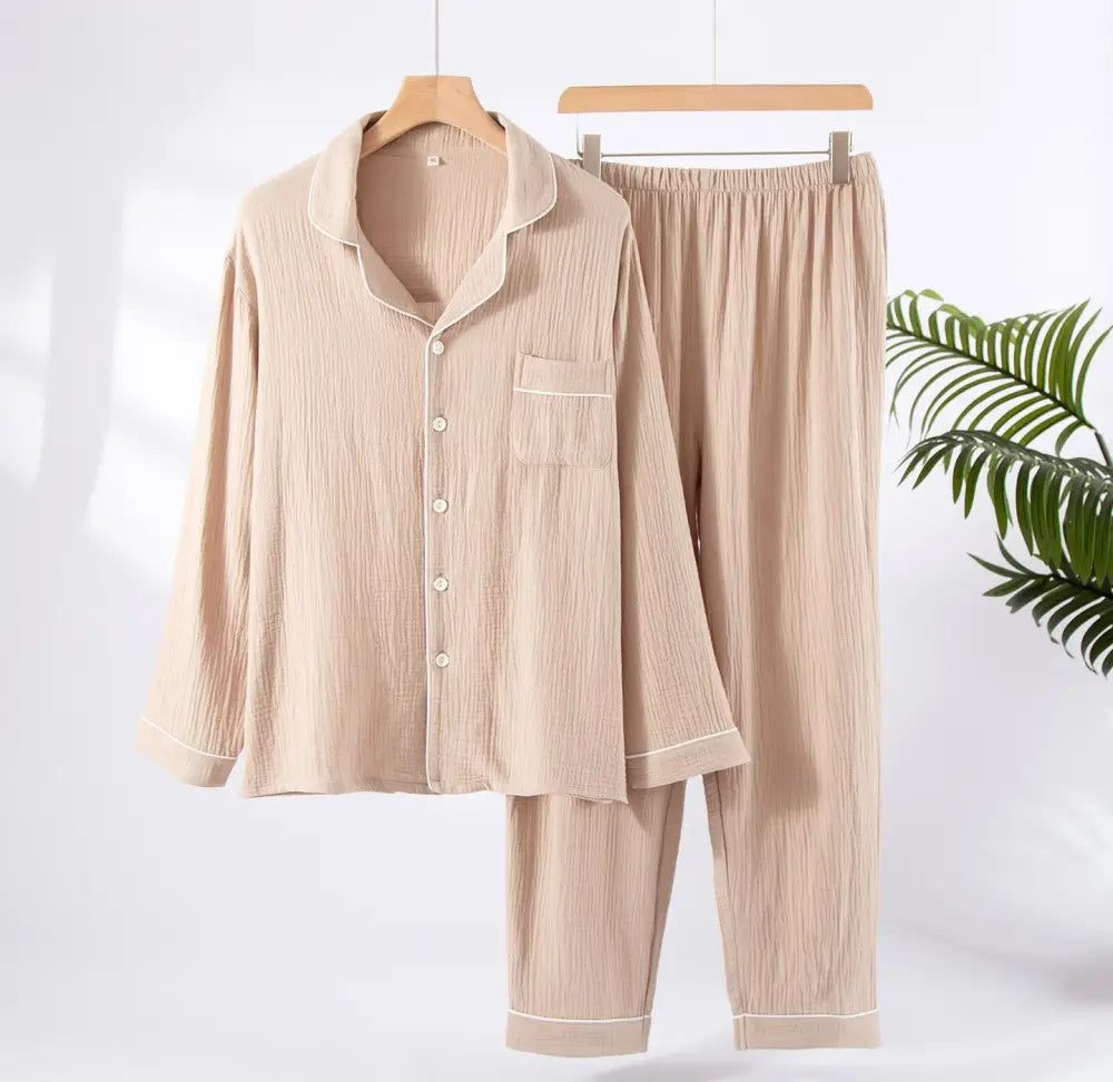 メンズ パジャマ セット 綿 ダブルガーゼ シフォンクレープ 春秋 長袖 ゆったり 大きいサイズ ルームウェア 男性用 肌触り最高 2点セット ID4071 モカ / M