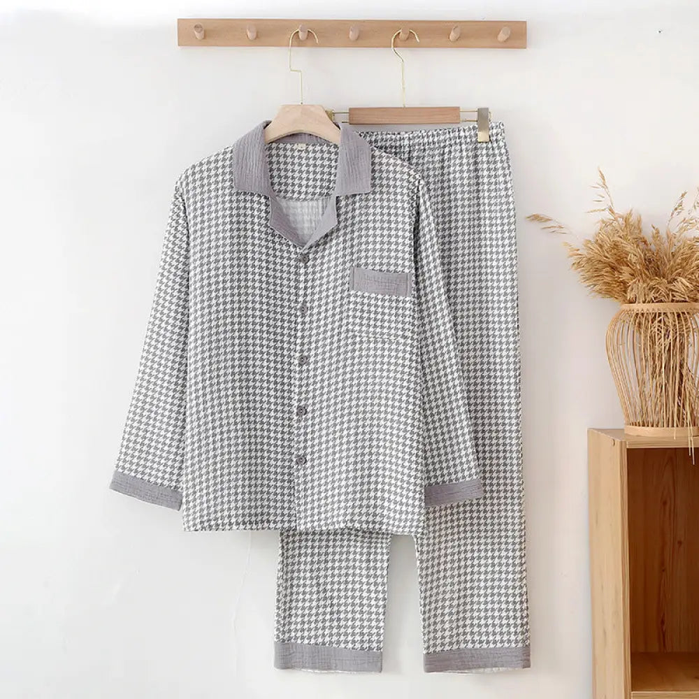 メンズ パジャマ セット 綿 ダブルガーゼ シフォンクレープ 春秋 長袖 ゆったり 大きいサイズ ルームウェア 男性用 肌触り最高 2点セット ID4071 ライトグレー / M