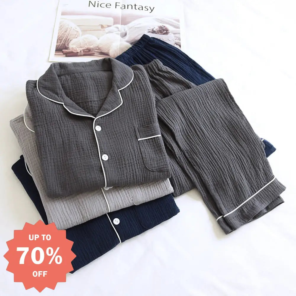 メンズ パジャマ セット 綿 ダブルガーゼ シフォンクレープ 春秋 長袖 ゆったり 大きいサイズ ルームウェア 男性用 肌触り最高 2点セット ID4071