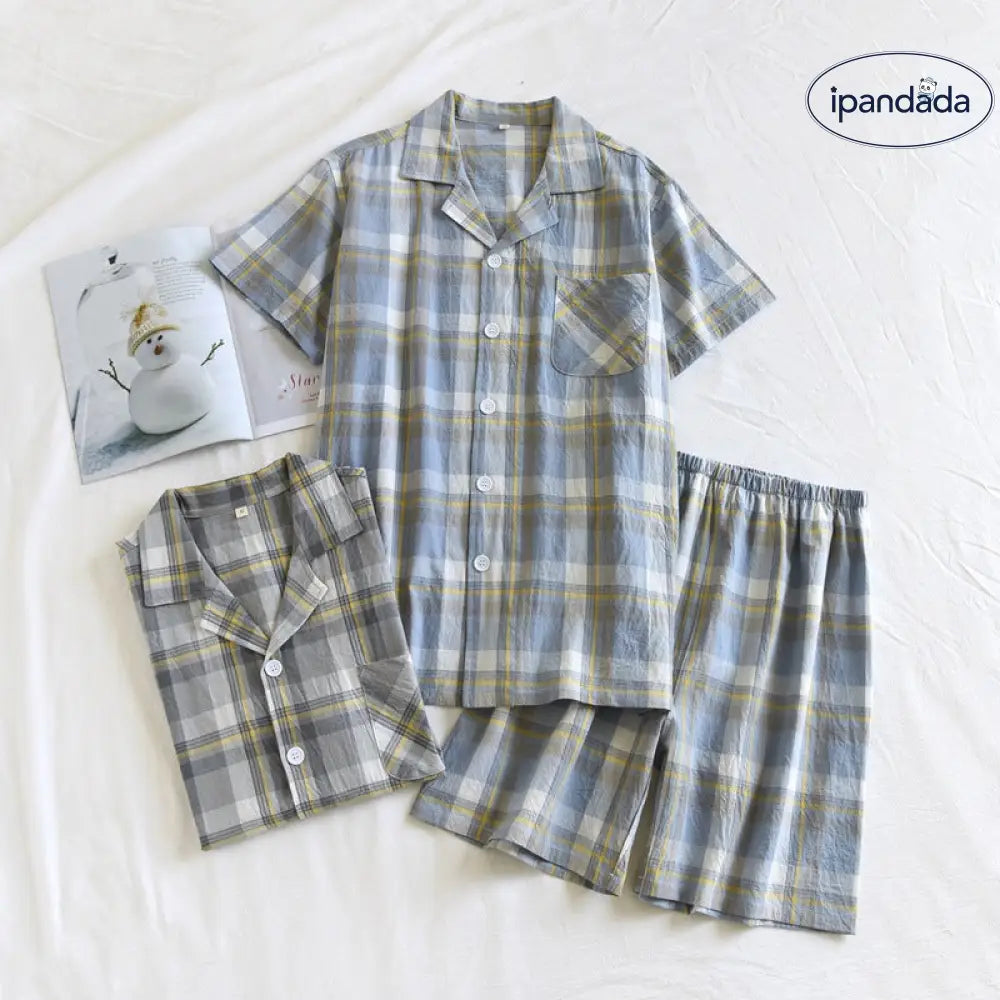 ID959 メンズ パジャマ 夏 純綿 チェック 2色 半袖 半パンツ セット 薄手 涼感 父の日 プレゼント 彼氏用 ルームウェア 吸汗速乾 通気性 ギフトボックス対応 メンズ＞セットアップ