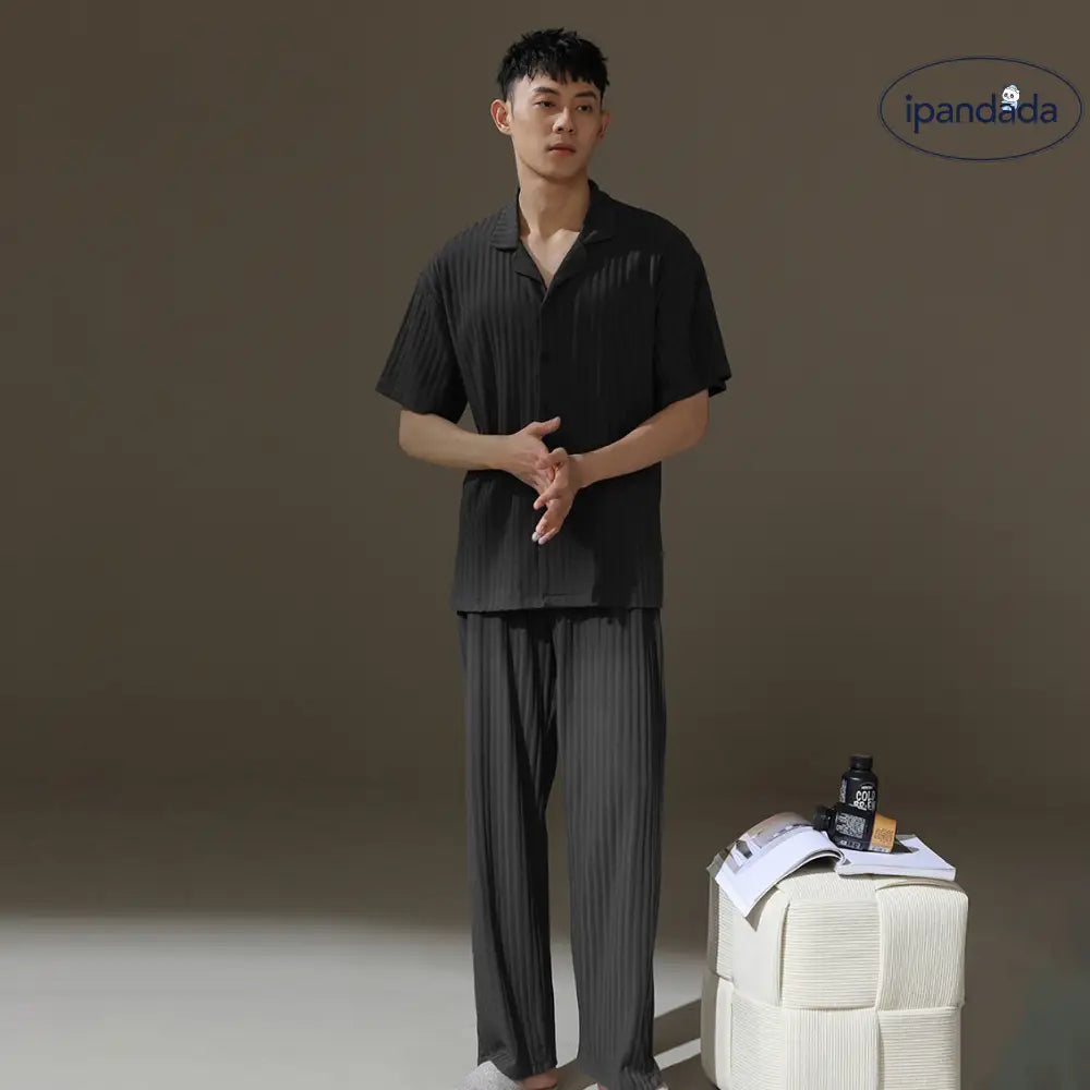 メンズ パジャマ 夏用 コットン 薄手 半袖 ロングパンツ ゆったり カジュアル ガウン型 翻领 青少年 ルームウェア セットアップ ID1871