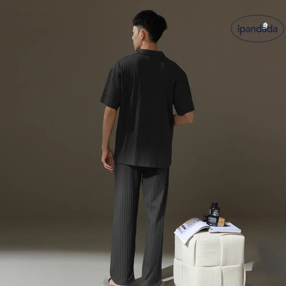 メンズ パジャマ 夏用 コットン 薄手 半袖 ロングパンツ ゆったり カジュアル ガウン型 翻领 青少年 ルームウェア セットアップ ID1871