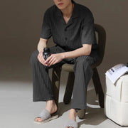 メンズ パジャマ 夏用 コットン 薄手 半袖 ロングパンツ ゆったり カジュアル ガウン型 翻领 青少年 ルームウェア セットアップ ID1871