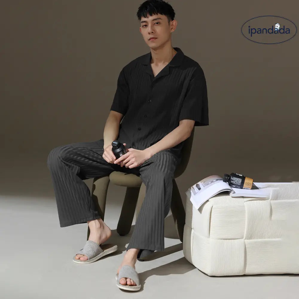 メンズ パジャマ 夏用 コットン 薄手 半袖 ロングパンツ ゆったり カジュアル ガウン型 翻领 青少年 ルームウェア セットアップ ID1871