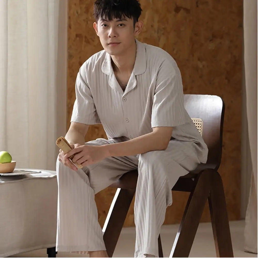 メンズ パジャマ 夏用 コットン 薄手 半袖 ロングパンツ ゆったり カジュアル ガウン型 翻领 青少年 ルームウェア セットアップ ID1871 タイプ③ / L メンズ>セットアップ