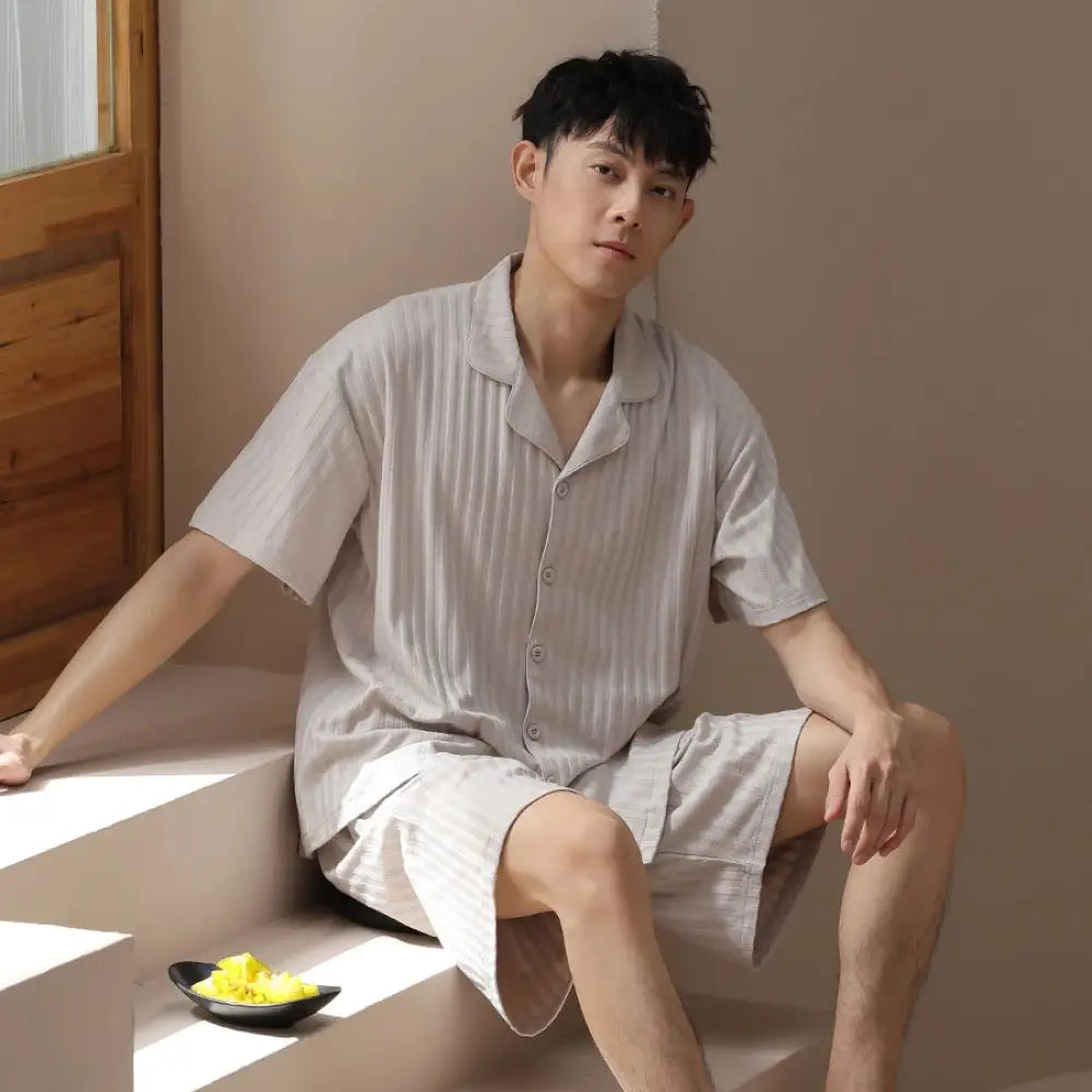 メンズ パジャマ 夏用 コットン 薄手 半袖 ロングパンツ ゆったり カジュアル ガウン型 翻领 青少年 ルームウェア セットアップ ID1871 タイプ④ / L メンズ>セットアップ