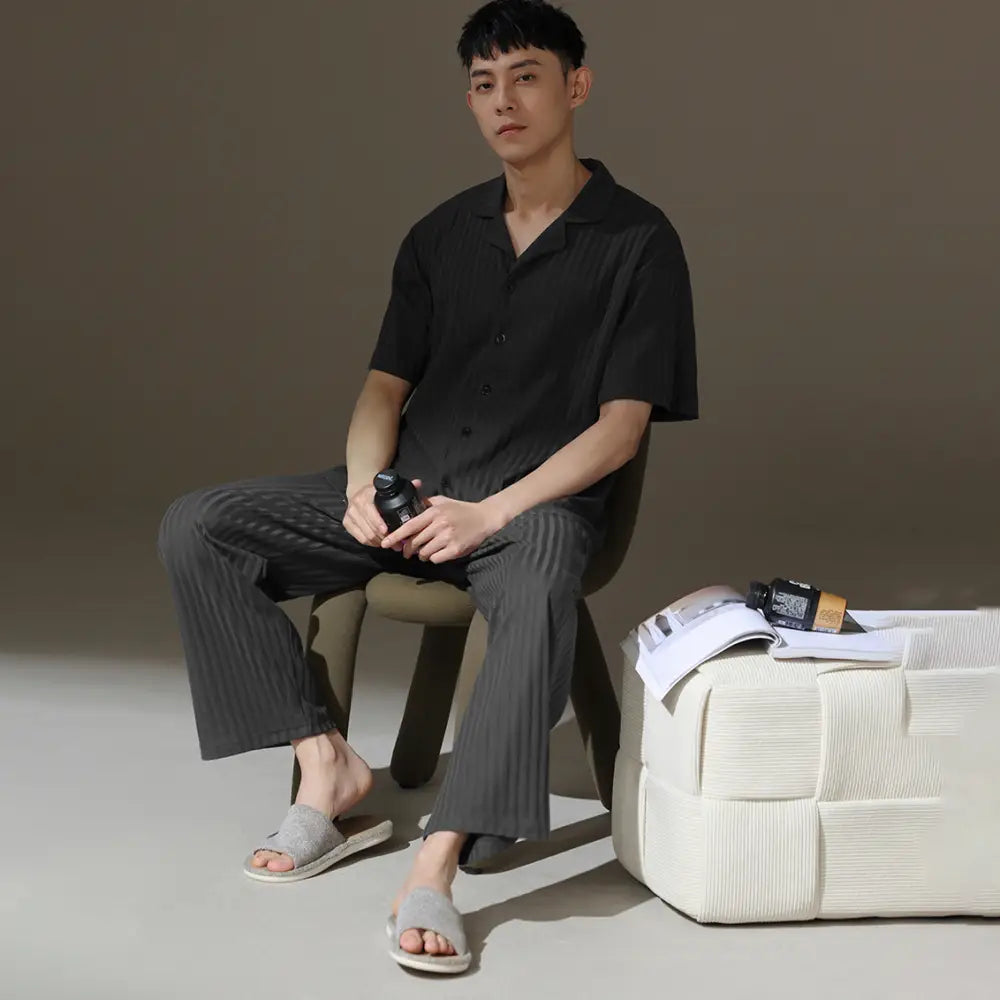 メンズ パジャマ 夏用 コットン 薄手 半袖 ロングパンツ ゆったり カジュアル ガウン型 翻领 青少年 ルームウェア セットアップ ID1871 タイプ① / L メンズ>セットアップ