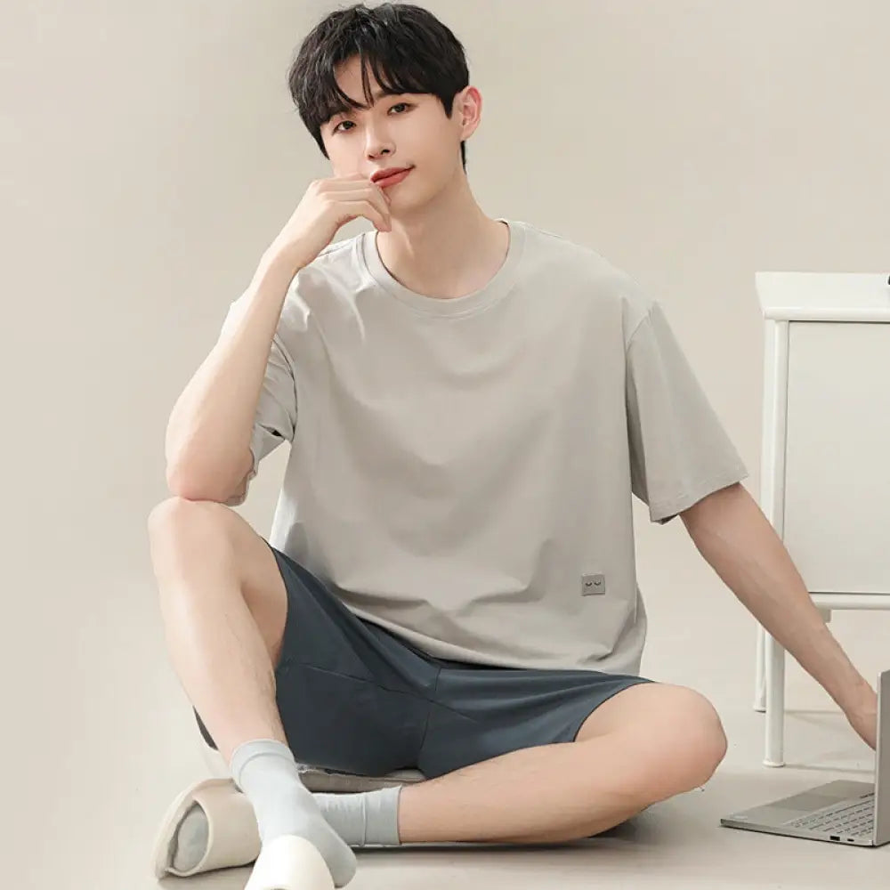 メンズ パジャマ 夏用 モダール 半袖 ショートパンツ 青少年 若者 薄手 外出可能 ルームウェア セットアップ シンプル ID1874 グレー / L メンズ>セットアップ