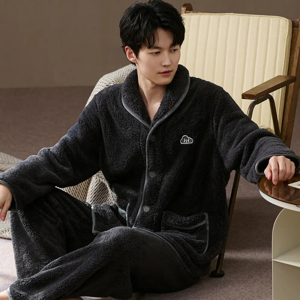 メンズ 秋冬 シーズン 厚手 パジャマ セット 珊瑚フリース パジャマ メンズ フランネル ルームウェア 外出可 ID2593 ダークグレー / L