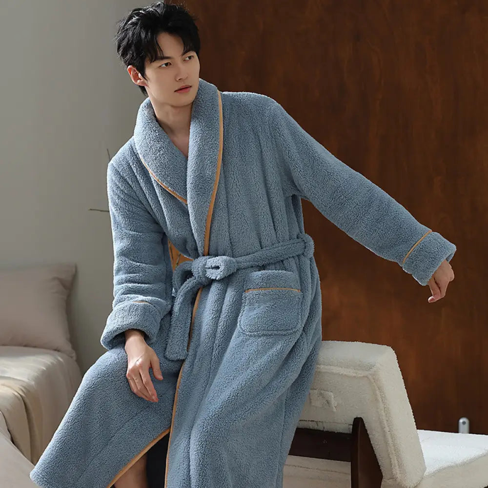 メンズ ローブ パジャマ 厚手 冬用 コーラルフリース 保温 バスローブ メンズ 秋冬 長丈 フランネル ルームウェア ID3019 ブルー / XL