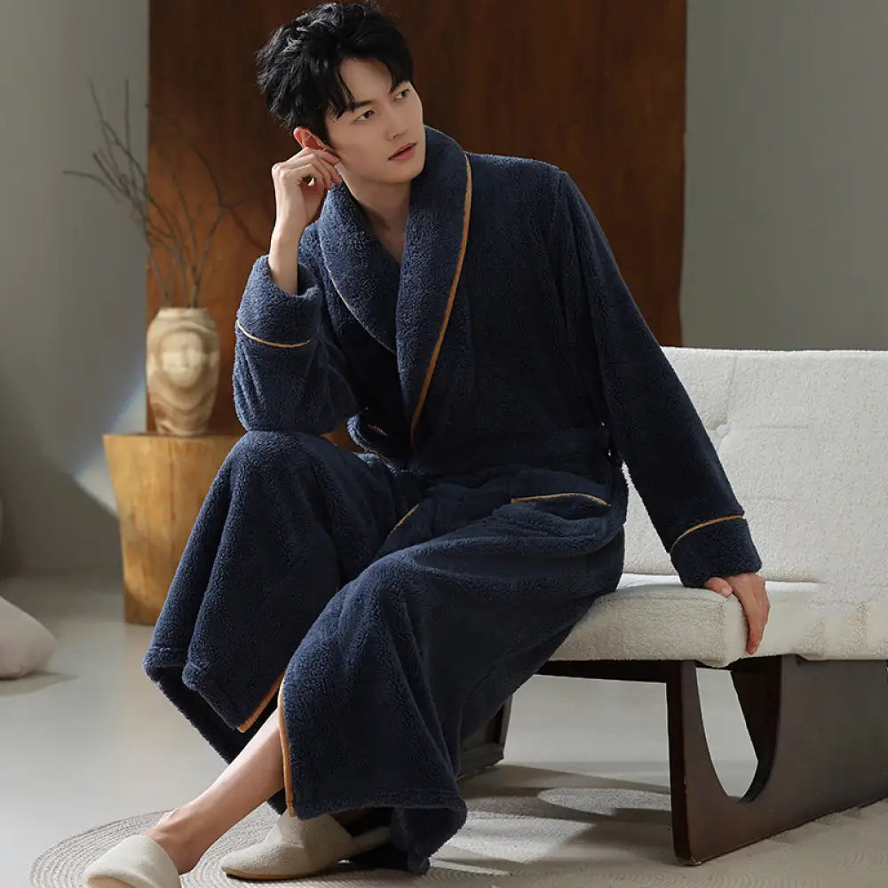 メンズ ローブ パジャマ 厚手 冬用 コーラルフリース 保温 バスローブ メンズ 秋冬 長丈 フランネル ルームウェア ID3019 ネイビー / XL